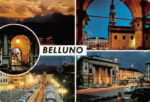 Cartolina Belluno 5 vedute notturno