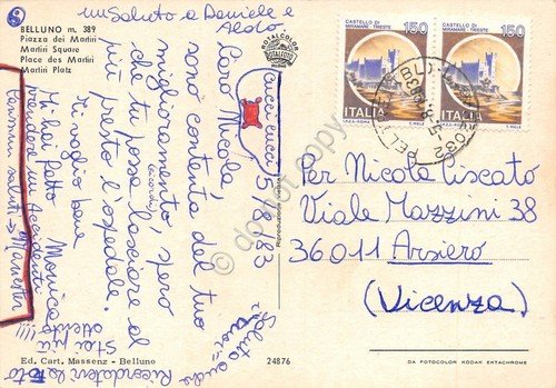 Cartolina Belluno Piazza dei Martiri auto 1983