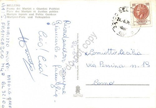 Cartolina Belluno Piazza dei Martiri e giardini pubblici 1976 | Immagine Gallery 2