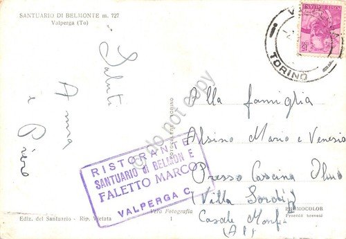 Cartolina Belmonte Santuario vedute timbro Ristorante Faletto anni '60 (Torino)