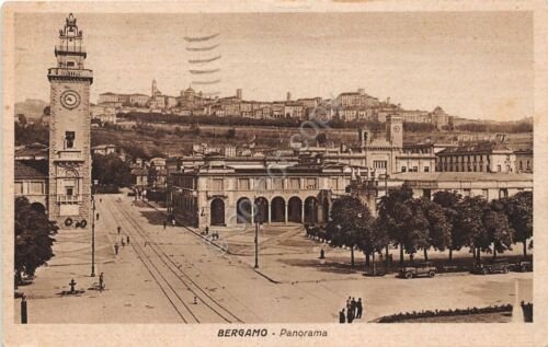 Cartolina Bergamo Credito Italiano tram Animata -1947