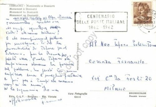 Cartolina Bergamo Monumento a Donizzetti timbro targhetta centenario Poste 1962