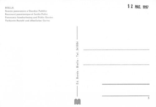 Cartolina Biella Panorama parziale e giardini distributore Esso