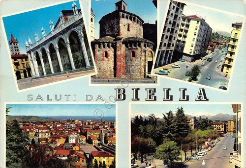 Cartolina Biella vedute varie 1971 timbro targhetta PT