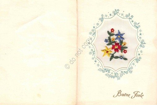 Cartolina Biglietto augurale doppio Buone Feste ricamato1959