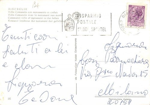 Cartolina Bisceglie Villa Comunale Monumento ai Caduti