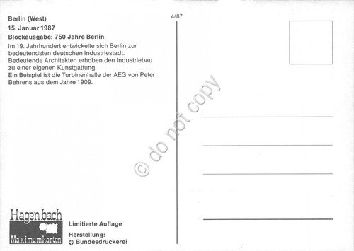 Cartolina Blockausgabe 750 Jahr Berlin West timbro filatelico 1987