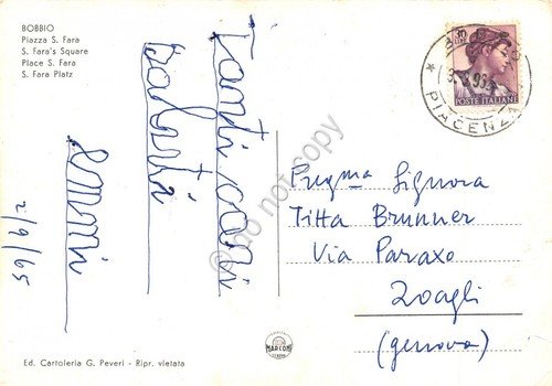 Cartolina Bobbio Piazza San Fara 1965