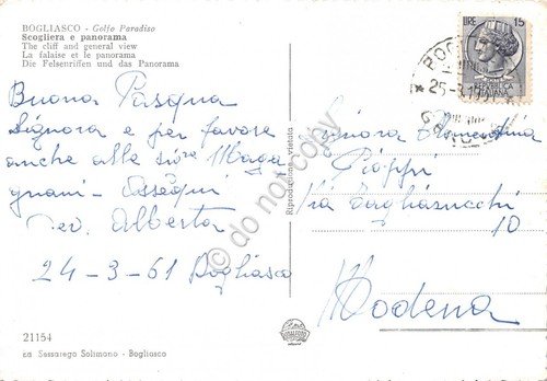 Cartolina Bogliasco Golfo Paradiso Scogliera panorama animata 1961