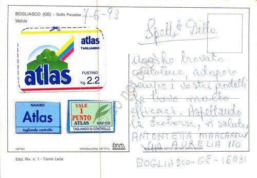 Cartolina Bogliasco vedute Caffè Centrale Punti Atlas al retro 1993