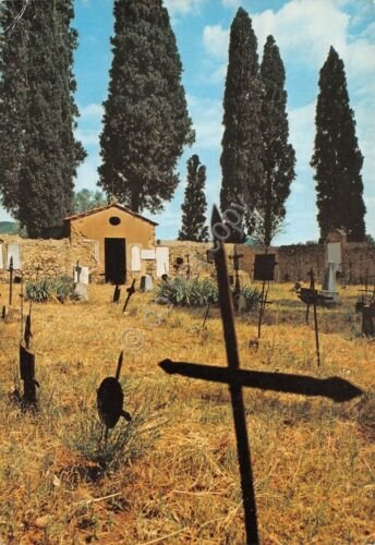 Cartolina Bolghieri cimitero 1987 poesia al retro