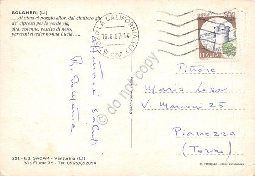 Cartolina Bolghieri cimitero 1987 poesia al retro | Immagine Gallery 2