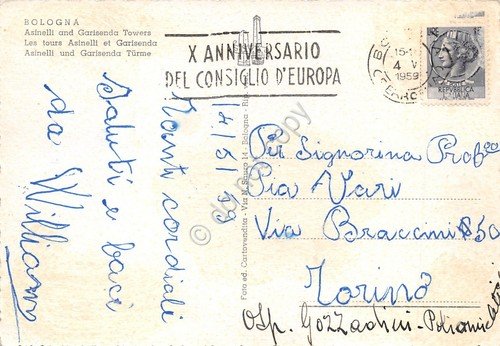 Cartolina Bologna Asinelli Garisenda timbro a targhetta Consiglio d'Europa '59 | Immagine principale