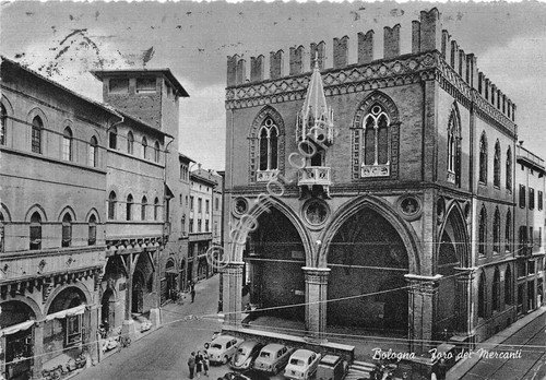 Cartolina Bologna Foro dei Mercanti auto d'epoca anni '60