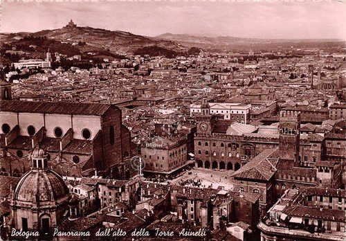 Cartolina Bologna panorama da torre Asinelli 1954 timbro celebrazioni Colombiane | Immagine principale