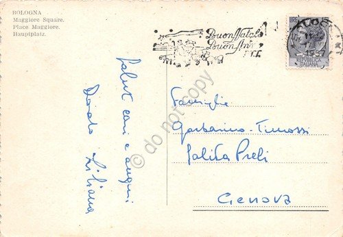 Cartolina Bologna Piazza Maggiore animata auto d'epoca 1957