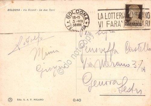 Cartolina Bologna Via Rizzoli Ed SAF 1938 Timbro Lotteria Merano | Immagine Gallery 2