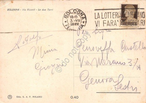 Cartolina Bologna Via Rizzoli Ed SAF 1938 Timbro Lotteria Merano
