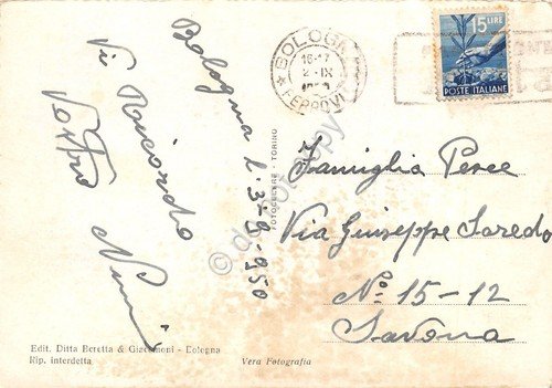 Cartolina Bologna Via Ugo Bassi Auto d'epoca animata 1950
