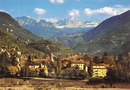 Cartolina Bolzano Bozen città vecchia panorama case Catinaccio anni '80