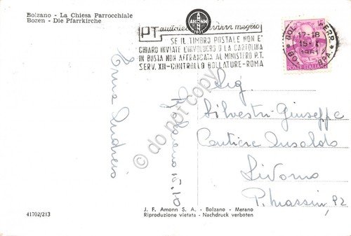 Cartolina Bolzano Chiesa Parrocchiale auto d'epoca 1961 timbro PT | Immagine Gallery 2