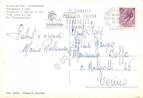 Cartolina Bordighera passeggiata Timbro a targhetta Biennale filatelica Bordighe
