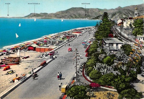 Cartolina Bordighera passeggiata Timbro a targhetta Biennale filatelica Bordighe