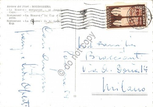 Cartolina Bordighera Ristorante La Reserve a Capo Ampelio 1954