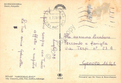 Cartolina Bordighera S. Ampelio spiaggia animata 1978