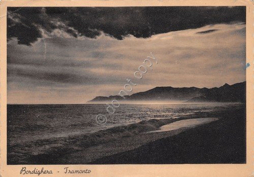 Cartolina Bordighera Tramonto Timbro telegrammi treno 1937