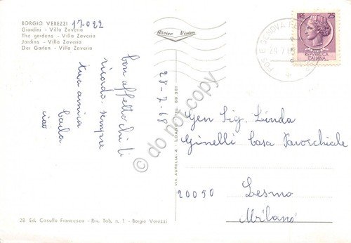 Cartolina Borgio Verezzi Villa Zaveria Giardini 1968 (Savona)
