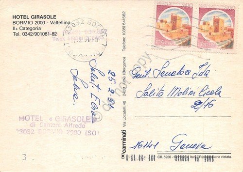 Cartolina Bormio 2000 Hotel Girasole timbro albergo 1991
