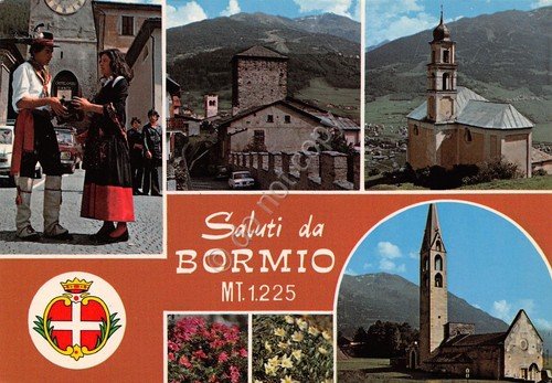 Cartolina Bormio 4 vedute fiori costumi tipici panorama (Sondrio) | Immagine Gallery 1