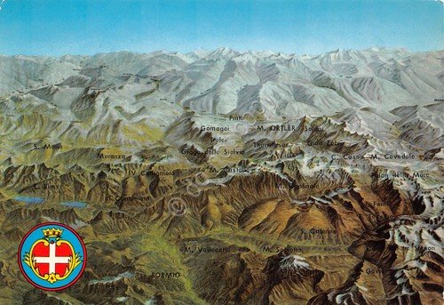 Cartolina Bormio illustrata mappa con nome monti stemma paese 1974 | Immagine principale