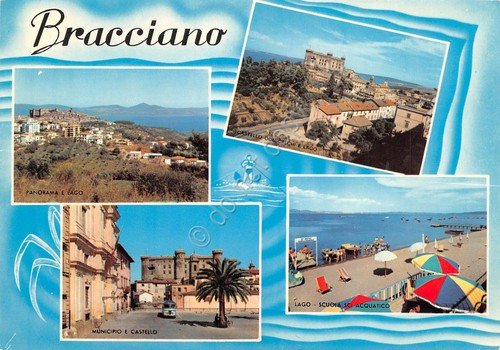 Cartolina Bracciano vedute varie grafica Municipio Lago panorama Castello 1968 | Immagine principale