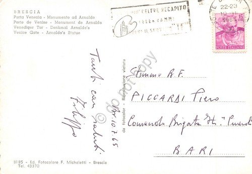 Cartolina Brescia Porta Venezia Monumento Arnaldo Timbro targhetta PT 1965