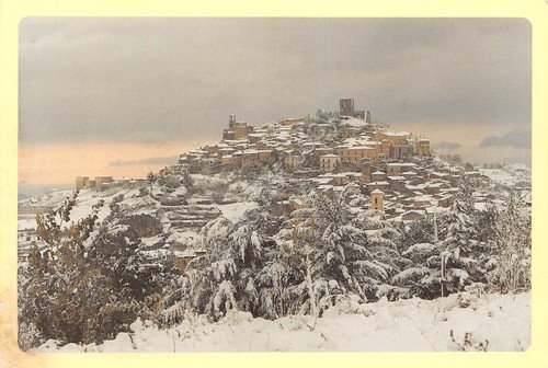 Cartolina Buccino Panorama paese con neve 1996 danneggiato angolo