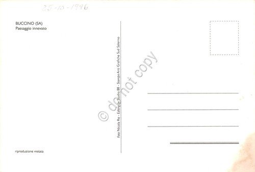 Cartolina Buccino Panorama paese con neve 1996 danneggiato angolo