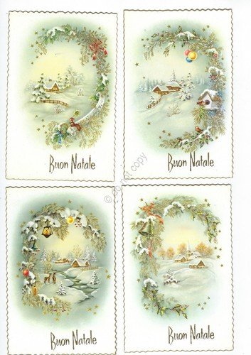 Cartolina Buon Natale 4 cartoline bordo oro panorama neve Vintage
