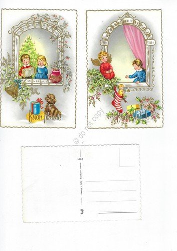 Cartolina Buon Natale 6 cartoline bordo oro quadrifoglio bimbi Vintage