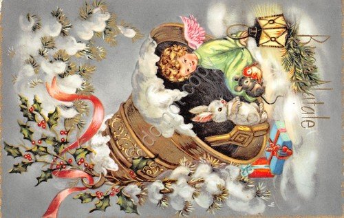 Cartolina Buon Natale al contrario campana bambino agrifoglio bordo oro