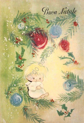 Cartolina Buon Natale angelo che dorme su albero di Natale | Immagine principale