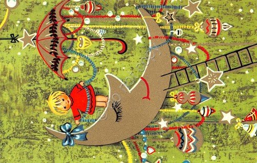 Cartolina Buon Natale bambina su spicchio di luna addobbi Natalizi …