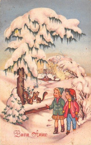 Cartolina Buon Natale bambini neve scoiattoli illustrata | Immagine principale