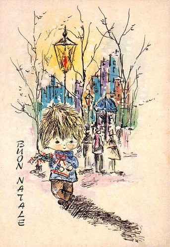 Cartolina Buon Natale bambino lampione case illustrata stilizzata stile francese | Immagine principale