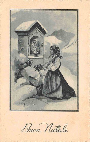 Cartolina Buon Natale contadina di fronte a edicola votiva 1941 | Immagine principale