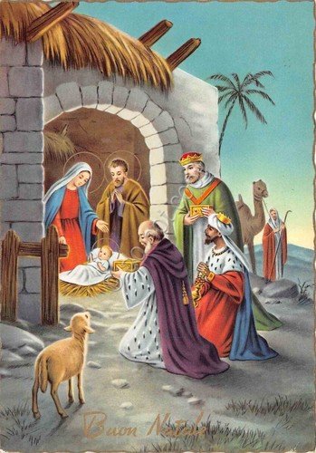 Cartolina Buon Natale presepe bordo oro anni '50