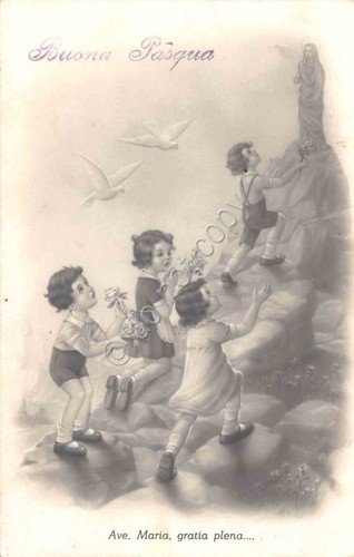 Cartolina Buona Pasqua Bambini Madonna Colombe 1947 | Immagine principale