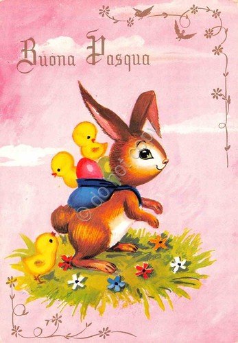 Cartolina Buona Pasqua coniglio pulcini fiori uova 1973