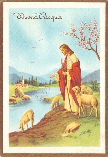Cartolina Buona Pasqua Gesù agnelli fiume 1967 | Immagine principale